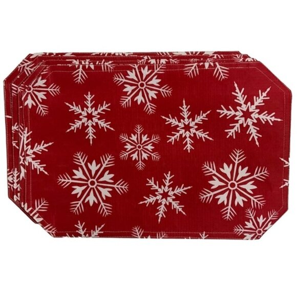 Winter Placemats Reversible Linen Print Holiday Christmas Snowflake Red White - Picture 1 of 12